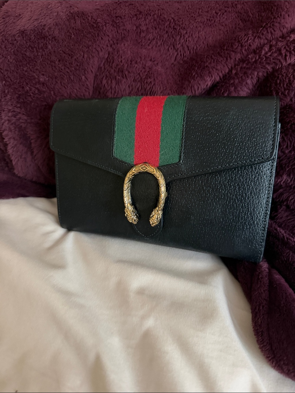 Gucci Black Leather Clutch with Green and Red Web Stripe and Gold-Tone Hardware